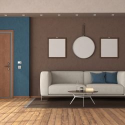 Modern home entrance with closed front door ,sofa nad blanck picture frame - 3d rendering