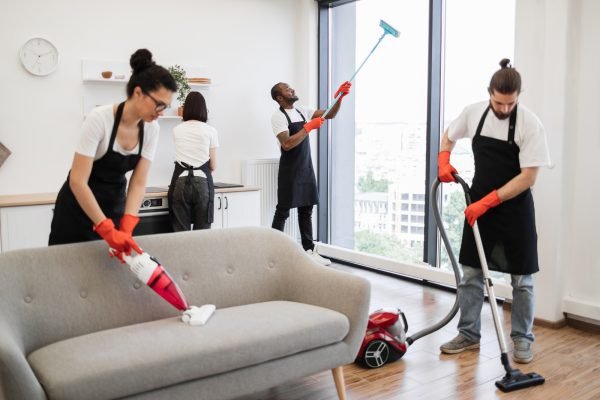 Team of service workers cleaning sofa, carpet, cuisine table and panoramic window.